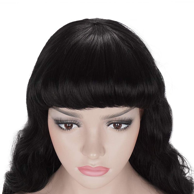 morvally 50s Vintage Medium Length Black Wigs with Bangs | Natural Wavy Synthetic Hair Wig for Women Cosplay Halloween - Image 4